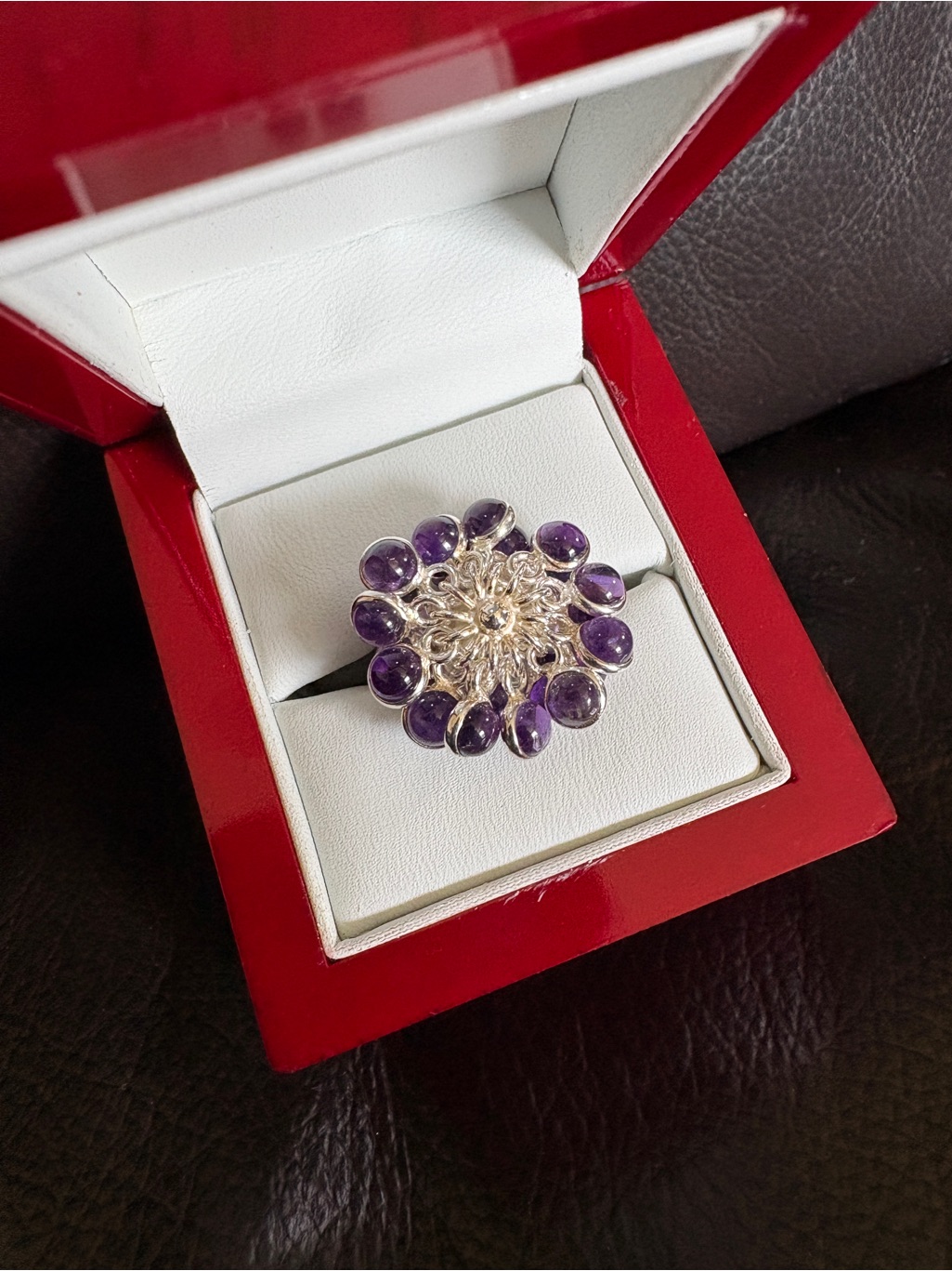Ring Unbelievably Unique Silver, Genuine Amethyst Dangle Ring So Eye Catching!